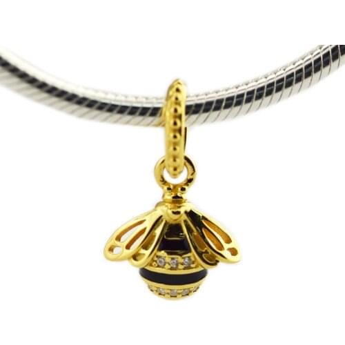 Golden Shine Queen Bee Pendant for Charms Bracelets & Bangles Women Sterling Silver 925 Jewelry Black Enamel & Clear CZ Charms
