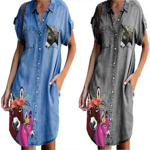 Denim Dress 2021 Women Summer Cartoon Print Blue Turn-Down Collar Short Sleeve Mini Dresses Pocket Plus Size Short Dress