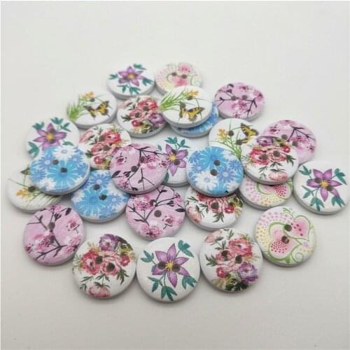 100pcs 18mm Painted Mixed Floral Flowers 2 Holes Wood Round Buttons Sewing DIY Crafts Embellishments For Scrapbooking