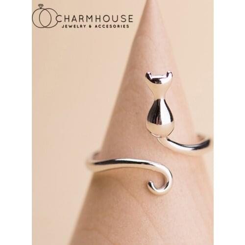 925 Silver Finger Rings For Women Cat Open Ring Adjustable Anillo Bague Femme Trendy Jewelry Accesories Birthday Gifts Bijoux