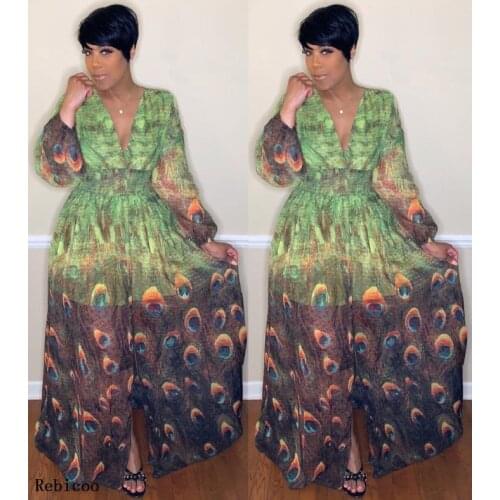African Dress Dashiki African Dresses For Women Robe Africaine Femme Summer Peacock Print V-Neck Long Sleeve Beach Dress