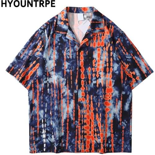 High Street Irregular Tie-dyed Printed Summer Beach Casual Loose Short Sleeve Retro Aloha Shirts Harajuku Streetwear Mens Shirts