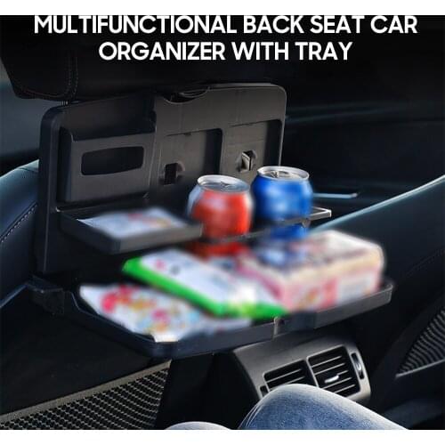 Back Seat Car Organizer with Tray Table Mounted Dining Table Foldable Snack Tray with Bottle Beverage Stand Phone Holder
