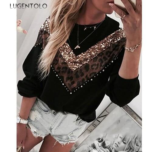 Sequins Leopard Sweatshirt Women Autumn Winter New Print Stitching Long-sleeved Round Neck Casual Sweatshirts