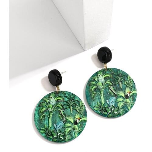 Lifefontier Bohemia Forest Animal Pattern Acrylic Drop Earrings for Women Trendy Green Color Geometric Round Earrings Jewelry