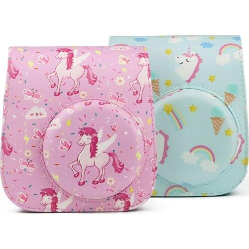 Pink/ Blue Unicorn PU Leather Case Bag Protective Cover For Fujifilm Instax Mini 11/9/8 Camera with Shoulder Strap