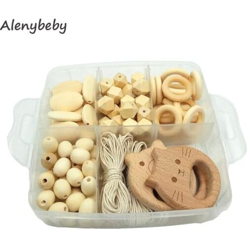 Wooden Animal Teether Chewable Organic Beech Wood Polygonal Geometric Beads Teething Necklace for DIY Craft Jewelry Accessory