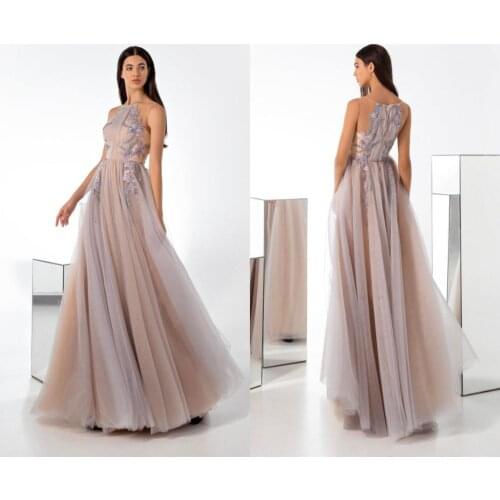 Elegant Evening Dresses Jewel Sleeveless Lace Appliques A Line Prom Gowns 2020 Custom Made Sweep Train Special Occasion Dress