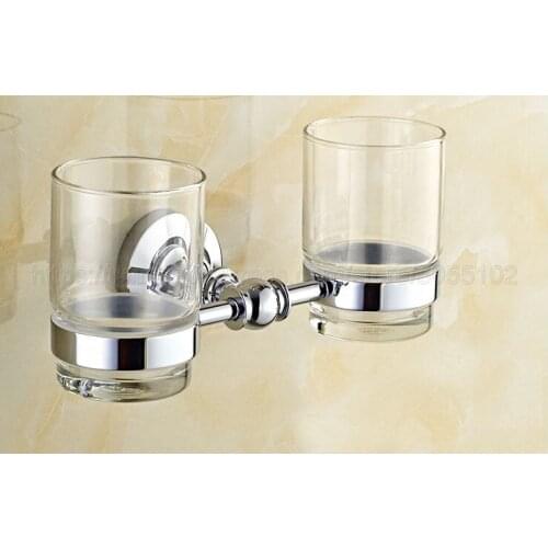 Chrome Polished Cup & Tumbler Holders Toothbrush Holder With 2 Glass Cups Wall Mounted Bathroom Accessories zba807