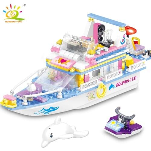 HUIQIBAO Heart lake Holiday yacht Building Blocks boat Dolphin Ship toy Friends For Girls Dream Bricks With figures children toy