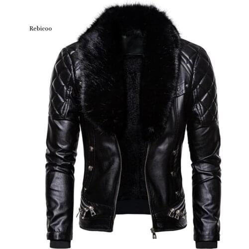 New Mens Biker Leather Jacket Fur Collar Detachable Faux Leather Motocycle Jackets Coats Casual Pu Jacket Chaqueta Moto Hombre