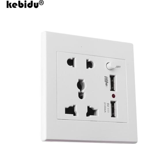 Kebidu Multi-function Double Ports USB Charging + Five Hole Power Socket Panel Wall Plate Socket wth ON/OFF Button White