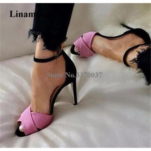 Ladies Cute Peep Toe Suede Leather Straps Cross Stiletto Thin Heel Sandals Pink Ankle Strap Super High Heel Sandals Club Shoes