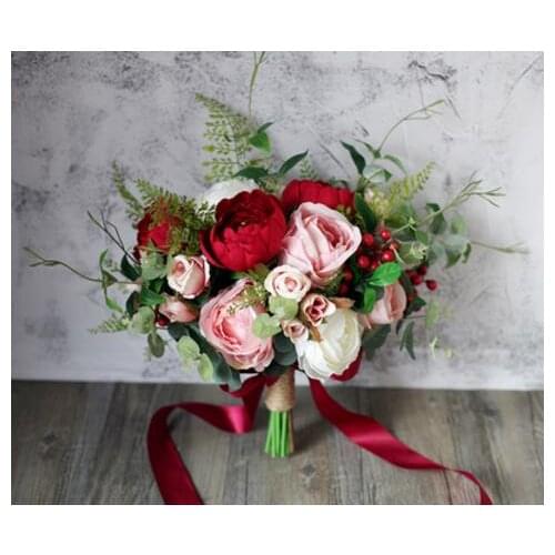 SexeMara Wedding flowers wine red Royal blue Bridesmaid Bridal Bouquets artificial Rose Wedding Bouquet