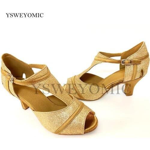Low Heel 6cm Practise Latin Dance Shoes Customized made Gold Color Glitter Ballroom Dance Shoes Suede Outsole Use Indoor Outdoor