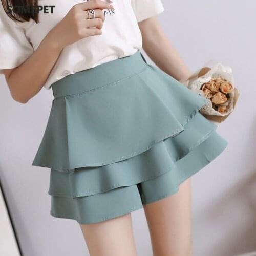 Women Korean Short Ruffled Elastic Waist A- Line Shorts Skirts Lady Solid Color Sexy New Fashion Shorts S-2XL