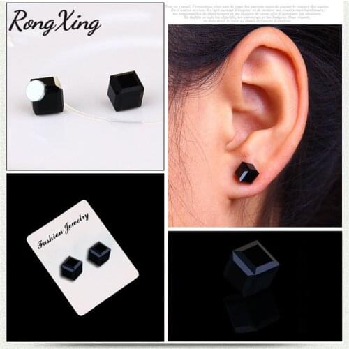 RongXing Multicolor Cubic Zirconia Non-Pierced Earrings for Women Stainless Steel Magnetic Clip Earrings Square Crystal Jewelry