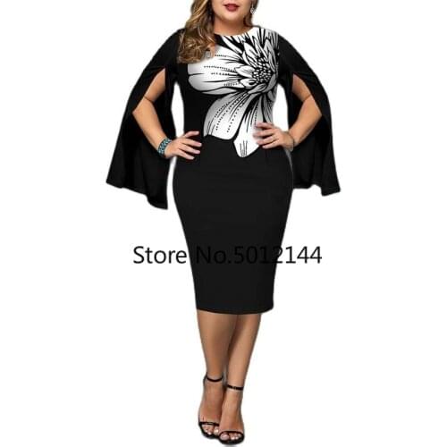Plus Size Dresses 2021 Autumn Elegant Split Long Sleeve Wedding Party Dress Women Floral Print Black Evening Dress 3XL 4XL 5XL