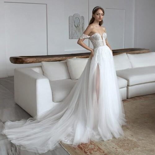 Sexy Sweetheart Tulle Wedding Dress 2021 Boho Slit Off-the-shoulder Applique Bridal Dress with Backless