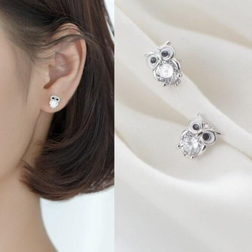 100% Real 925 Sterling Silver Cute Owl Stud Earrings White and Black Zircon Animal Studs Fine Jewelry for Women Girls Gifts