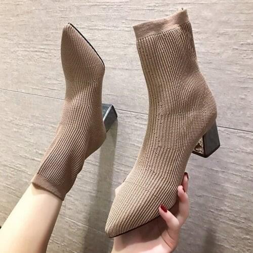 2010Fashion Ankle Elastic Sock Boots Chunky High Heels Stretch Women Autumn Sexy Booties Pointed Toe Women Pumps Size 40 41