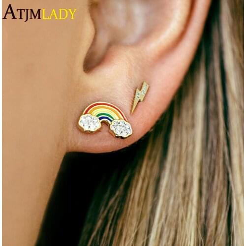 2019 summer new design colorful enamel rainbow earring Gold filled cute GOLD RAINBOW LIGHTNING BOLT STUD earring fashion jewelry