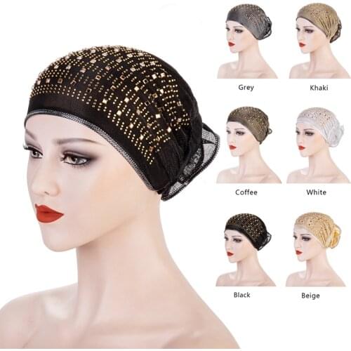 2021 Fashion Muslim Four Seasons Women Wrapped Head Solid Diamond Turban Hat Indian Ladies Headgear