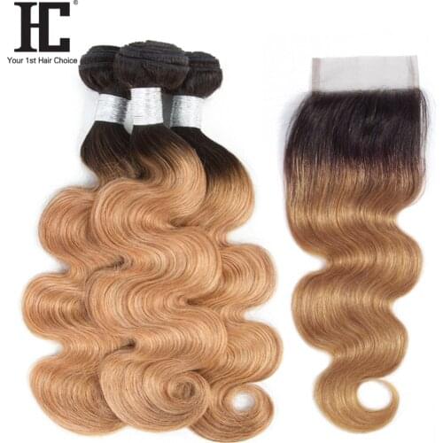 3 Bundles Ombre Brazilian Hair Bundles With Closure T1B 27 Dark Root Honey Blonde Body Wave Human Hair Weave HC Non Remy 1B/27
