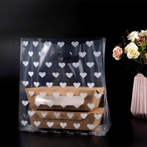 50pcs Heart Baking Gift Packaging Plastic Bag With Handle Bread Biscuit Portable Shopping Bags Party Present Cookie Cake