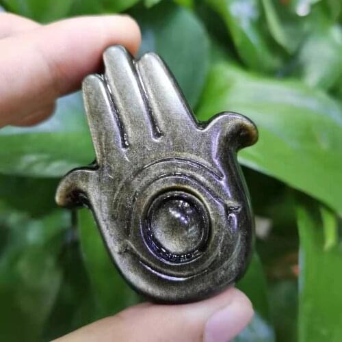 55mm Natural Gold/Silver obsidian carved Hamsa Hand with Evil Eye Figurine Ornament