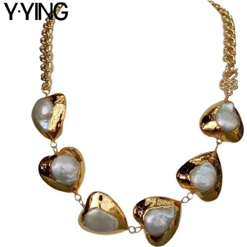 Y·YING 22" natural Cultured White Heart-Shaped Pearl gold color Chain choker Necklace