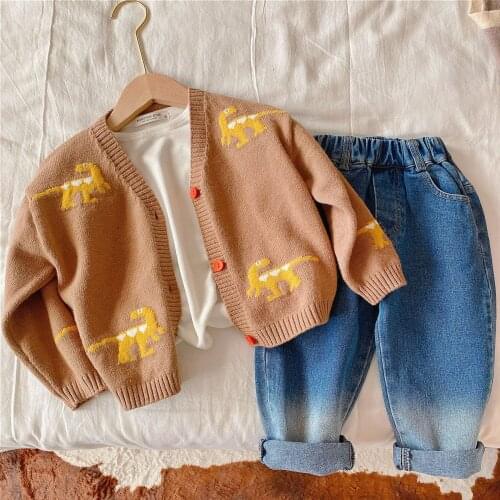 Childrens Sweater Coats 2021 Spring New Kids Boys and Girls Cartoon Dinosaur Wool Cardigan Baby Korean Knitted Jacket Cardigan