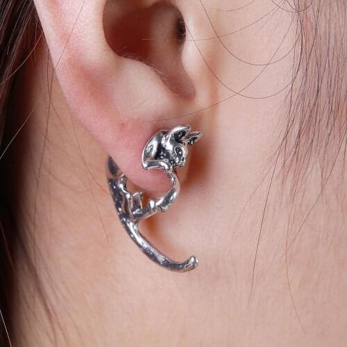 DoreenBeads 3D Double Sided Ear Studs Earrings Silver Color Black Cat Animal Punk Trendy 25mm(1") x 23mm( 7/8"), 2 Pcs