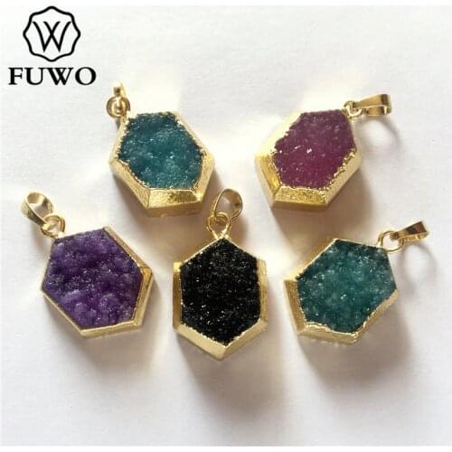 FUWO Natural Druzy Crystal Pendant With Gold Trimmed Hexagonal Crystal Onyx Quartz Pendant For Necklace Making PD259