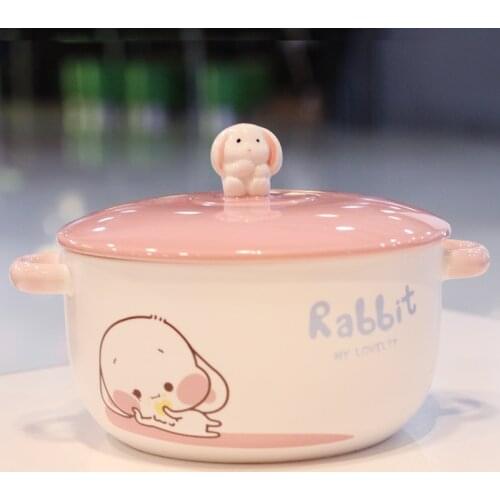 Cartoon Creative Instant Noodles Bowl With Lid Ceramic Bowl Cute student Job Bowl Soup Bowl
