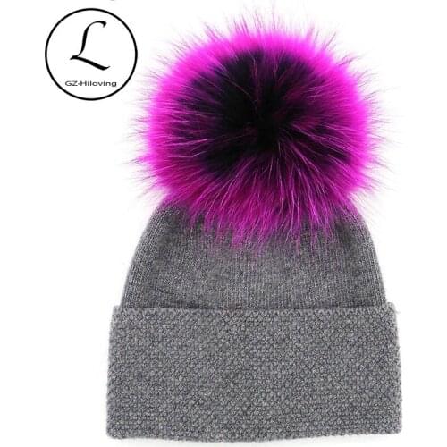 New Winter 2017 Unisex Beanies Raccoon Fur Pom Pom Wool Hat Beanie Knitted Skullies Fashion Ladies Knit Cap Winter Hat For Women