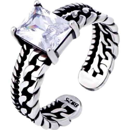 New Vintage Twisted Chain Zircon Thai Silver Opening Black Rings For Women Jewelry Party Gift Anillos SAR61