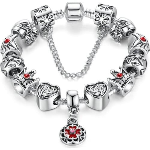 New DIY Big Hole Beaded Glass Crown Love Alloy Bracelet Woman Environmental Jewelry Gift