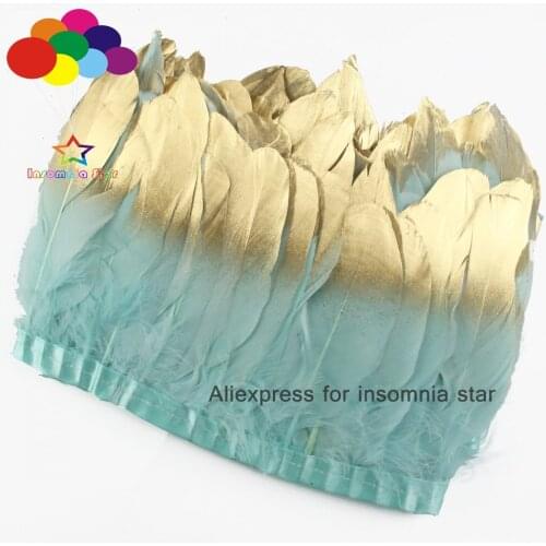 Dyed Mint feather dress Dress Goose feather fringe paint gold tips 2 Meter Feathers Trims with Satin Ribbon Tape