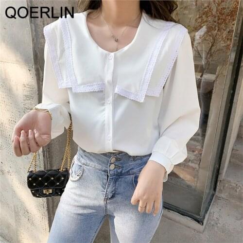 QOERLIN Doll Collar Chiffon Blouse Women 2021 Spring Autumn Shirt Female Puff Sleeve Shirt Button Up Elegant Shirts Plus Size