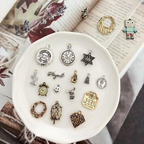 Retro Alloy Robot Diamond Birdcage Bottle Cap Clock Cat Cactus Smiley DIY Earrings Shoes Bag Pendant