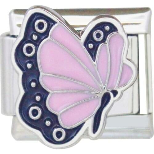 Composable Links Classic Size 9mm Fancy Girls Enamel Pink Butterfly Italian Charm Bracelet Fit Zoppini Nomiation Brand