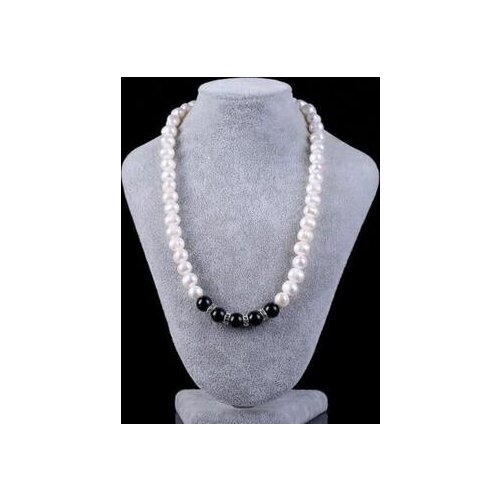 Silver 7-8mm White Cultured Pearl + Jade Beads Necklace 18