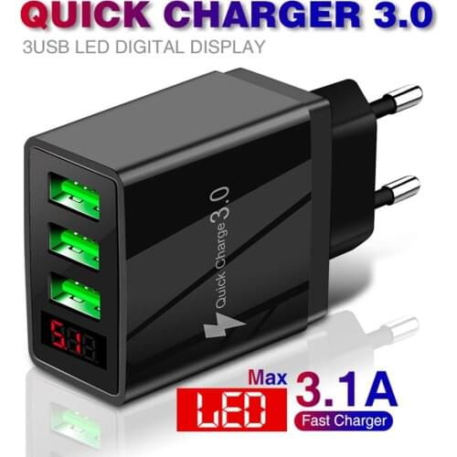 3 Ports QC3.0 USB Mobilephone Charger for iPhone 11 7 Xiaomi Samsung Huawei 5V 3.1A LED Display Fast Charging Wall Phone Charger