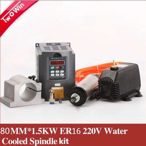 1.5KW water cooled spindle Kit motor ER16 4 bearings 80x 220mm & 1.5kw VFD / Inverter & 80mm spindle bracket & 80w water pump