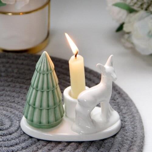 Nordic INS Ceramic Christmas Tree Animal Deer Long Pole Candle Holder Figurines Desktop Decoration Crafts Wedding Ornaments