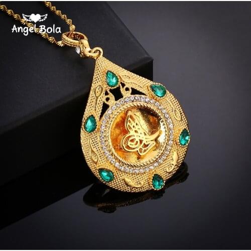 Green/White Crystal Allah Necklaces Women/Men Gold Color Arab Islam Pendant Necklaces Mohammed Jewelry Muslim/Middle Eastern