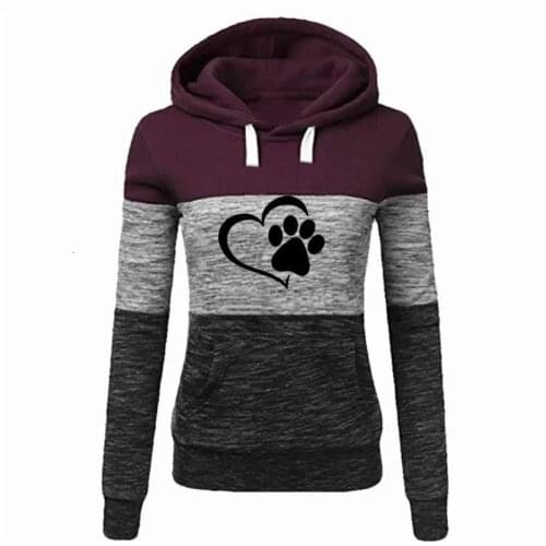 Women Hoodies Hooded Sweatshirt Splice Dog Paw Print Long Sleeve Pullover Jumper Tops