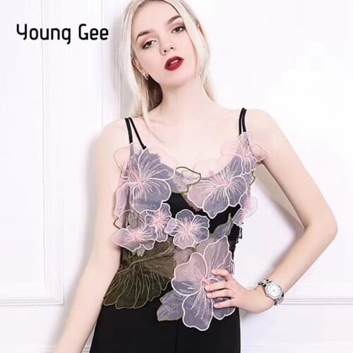 Young Gee Summer Women 3D Floral Embroidery Tank Tops Sexy Mesh Elegant Lace Vest Camis Female Lace Top feminino Shirts Mujer