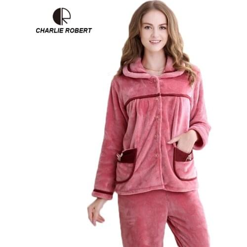 CR Woman Pajama Sets Pink Cute Size M~XXL Winter Warm Flannel Sleepwear Free Shipping AP450